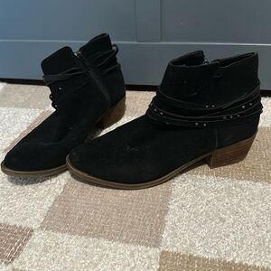 Black suede booties with fun detail and small heel (size 9)